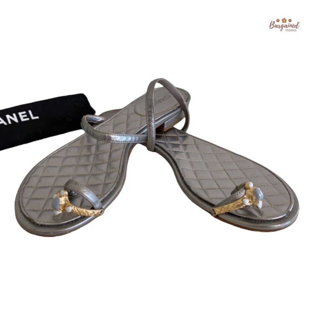 Authentic CHANEL Silver Leather Enamel Embellished Toe Ring Flat Sandals 37C